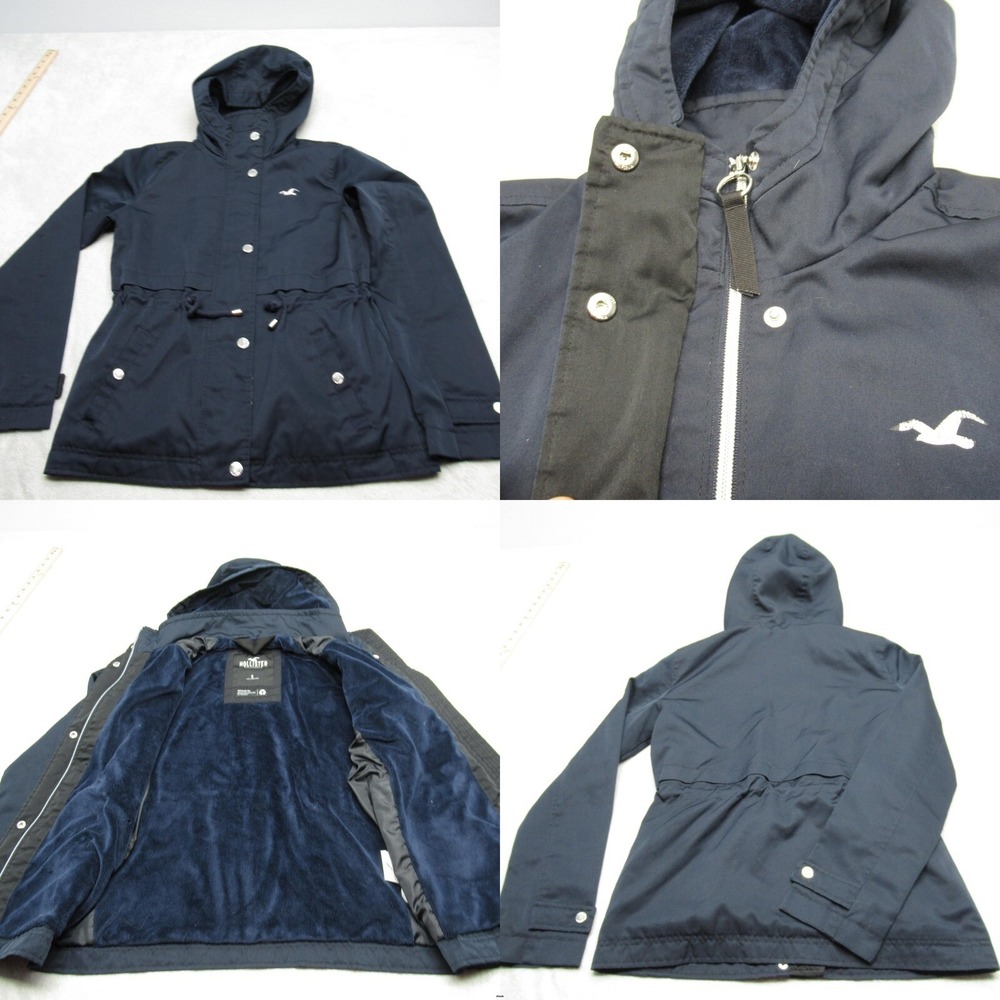 Hollister Jacket Womens Small Navy Hooded Faux Fur Lined Drawstring Waist Parka